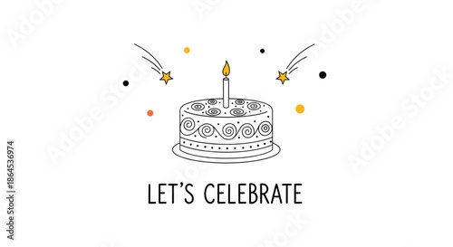 A simple and charming 'Let's Celebrate' greeting card with a line art birthday cake, candle, and shooting stars illustration.