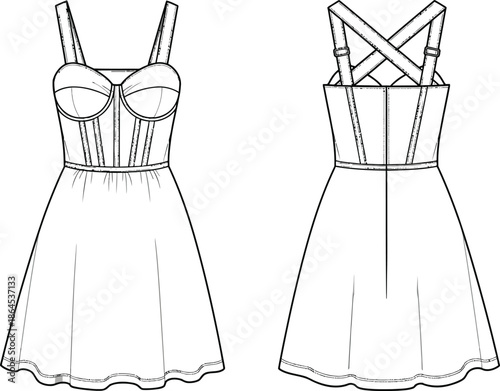 Technical sketch of a strappy flared dress design with corset detailing and a flowing silhouette