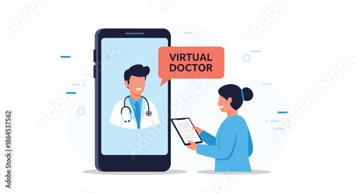 A telemedicine concept illustration showing a woman having a video consultation with a virtual doctor on her smartphone screen.