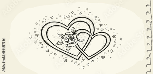Intertwined Hearts and Rose Illustration Symbolizing Love, Romance, and Unity in a Sketchy Style
