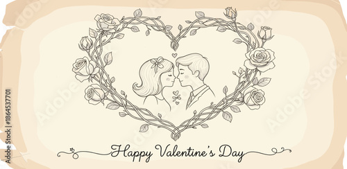 Charming vintage-style drawing capturing the essence of romance with a kissing couple surrounded by a lovely rose garland, ideal for heartfelt Valentine's Day messages