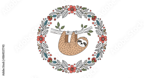 An adorable cartoon sloth hanging from a branch, framed by a beautiful and intricate circular floral and leafy wreath.