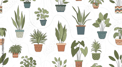 A stylish seamless pattern of various indoor houseplants in decorative pots, creating a cozy and urban jungle-themed background.