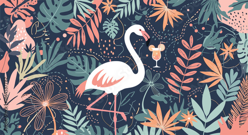 A beautiful and vibrant illustration of a white flamingo standing among lush tropical leaves, flowers, and a cocktail glass.