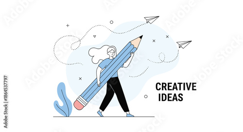 A 'Creative Ideas' concept illustration with a woman carrying a giant pencil, with paper airplanes flying in the background.