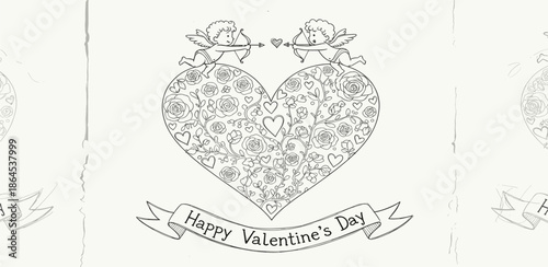 Happy Valentine's Day heart illustration with cupid arrows and floral designs, celebrating love and romance