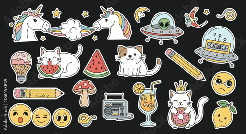A fun and quirky collection of doodle stickers on a black background, featuring unicorns, cats, aliens, and other cute items.