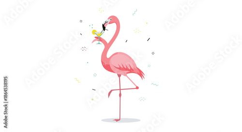 Whimsical cartoon pink flamingo standing on one leg and drinking a yellow cocktail from a martini glass, surrounded by abstract party confetti.