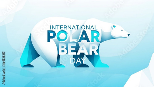 International polar bear day awareness campaign with a white polar bear on a blue background with white bear and conservation and climate change