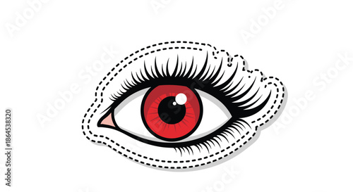 Pop art style vector illustration of a female eye with a vibrant red iris and long, thick black eyelashes, designed as a trendy retro sticker.
