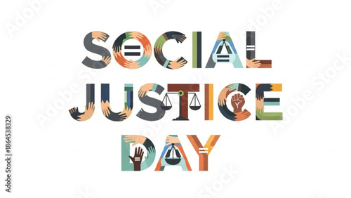 Vibrant social justice day graphic with hands and scales typography on white background for equality and human rights campaigns with awareness