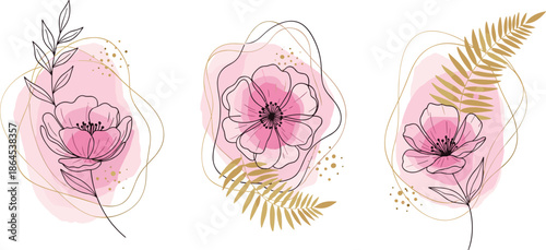 Abstract floral art with pink watercolour and gold accents featuring botanical line drawings of flowers and leaves