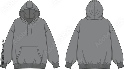 Illustration of a gray hooded sweatshirt design showcasing front and back views in a technical style