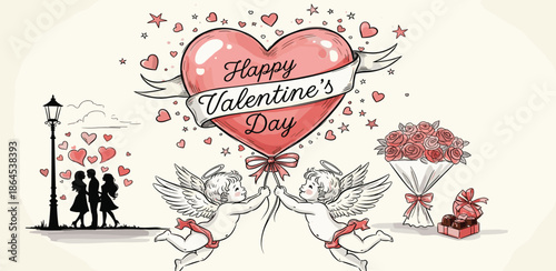 Heartwarming Valentine's Day illustration capturing the essence of love with playful cherubs, a romantic couple, and thoughtful gifts