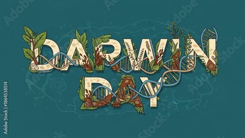 Darwin day celebration with dna double helix and leafy elements on green background symbolizing evolution and science with biology and genetics