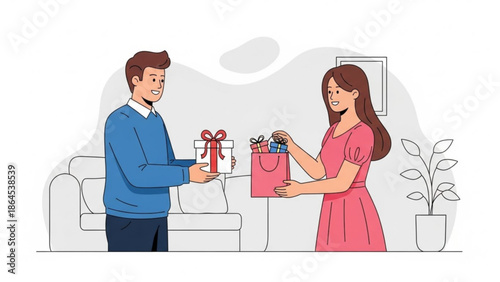 Man and woman exchanging gifts in a cozy living room with a couch and plant, happy couple giving presents to each other on a special occasion