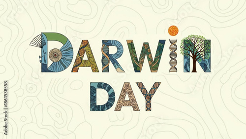 Vibrant darwin day celebration background with nature inspired typography elements with science and ecology and evolution and biology and environment