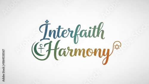 Interfaith harmony concept with religious symbols and colorful text on white background with tolerance and unity and peace and coexistence and religion