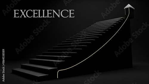 Black staircase with yellow line leading up to a white arrow pointing upwards, symbolizing success and excellence in business and personal growth