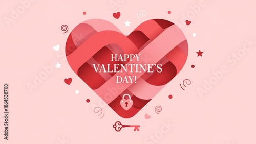 Valentine's day celebration with heart and key on pink background, love and romance concept with happy valentine's day text with valentine s day