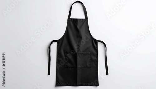 Black, front-facing, clean apron with pockets, ties, and neck loop on a white backdrop