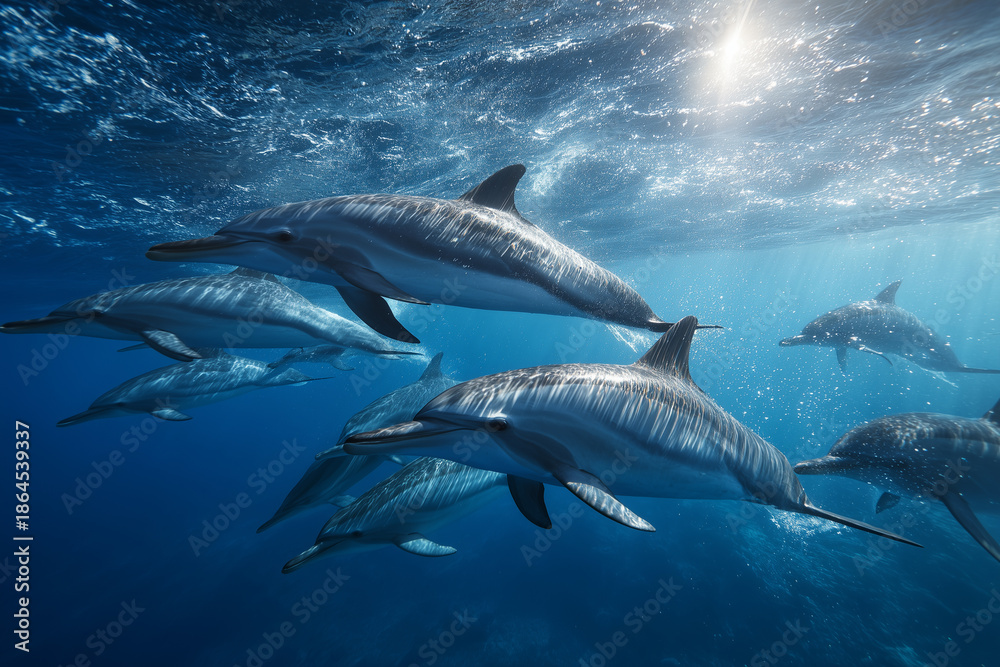 Fototapeta premium Group of dolphins swimming underwater in clear blue ocean, showcasing marine wildlife and freedom in nature