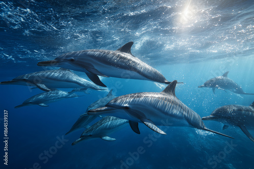 Wallpaper Mural Group of dolphins swimming underwater in clear blue ocean, showcasing marine wildlife and freedom in nature Torontodigital.ca