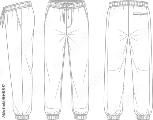 Technical illustration of three pairs of light colored drawstring sweatpants in various views