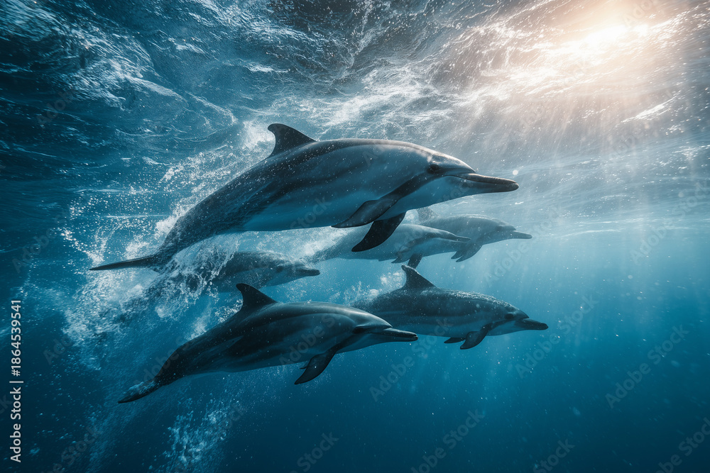 Fototapeta premium Group of dolphins swimming underwater in clear blue ocean, showcasing marine wildlife and freedom in nature