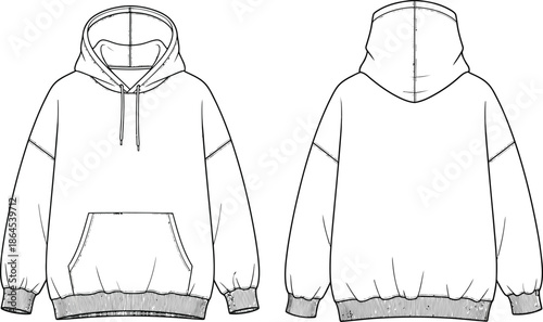 Technical illustration of a blank oversized hoodie showcasing front and back views for design purposes