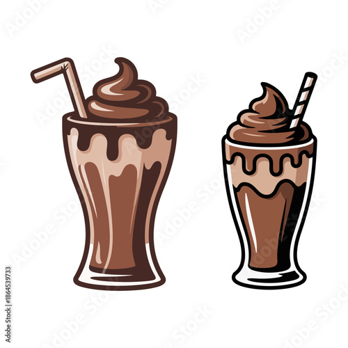 Creamy chocolate milkshake vector illustration with whipped cream and drippings isolated on white background