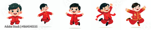 vector of a little boy jumping happily celebrating Chinese New Year
