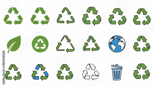 Collection of Green Recycle Symbols and Eco-Friendly Icons for Environmental Awareness.