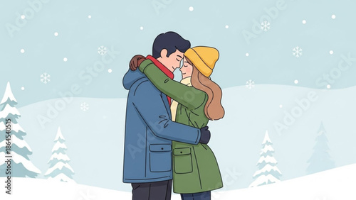 Loving couple embracing in snowy landscape with pine trees, man wearing blue coat and woman in green coat and yellow hat, warm winter scene with snowfall