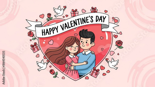 Happy valentine's day, cartoon couple embracing in heart with gifts, roses, and doves on pink background, romantic illustration with Valentine s Day