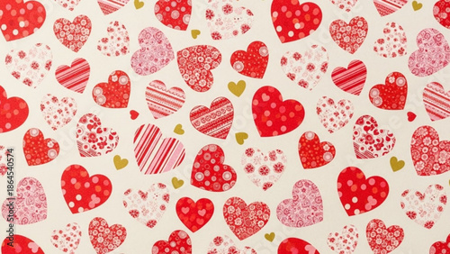A charming collection of red, pink and white hearts with various patterns on a soft cream background for valentine's day, love and romance concepts