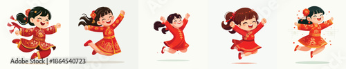 vector of a little girl jumping happily celebrating Chinese New Year