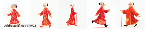 vector of a grandmother walking on celebrating Chinese New Year
