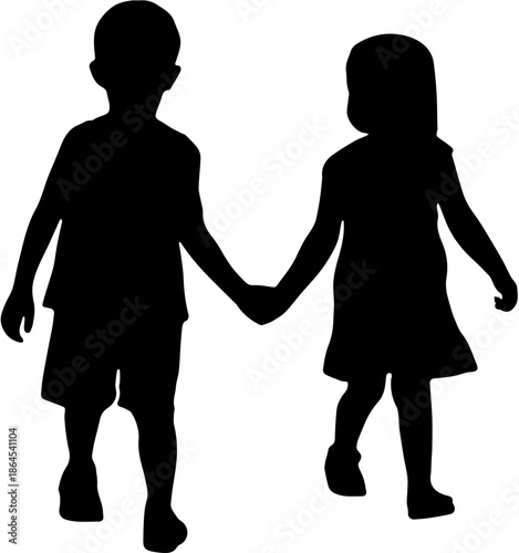 Front view silhouette of two children holding hands on white background