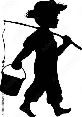 Silhouette of a little boy walking with a fishing rod and bucket