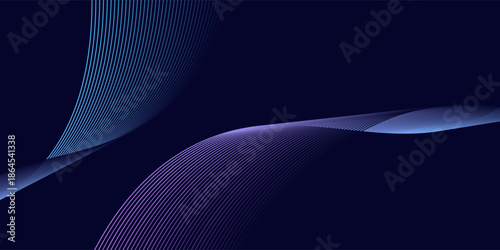 Dark abstract background with glowing wave. Shiny moving lines design element. Modern purple blue gradient flowing wave lines. Futuristic technology concept.