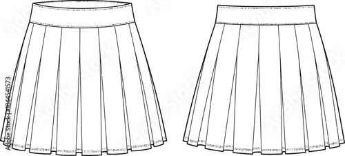 Illustration of two pleated skirts front and back views showing a classic fashion design
