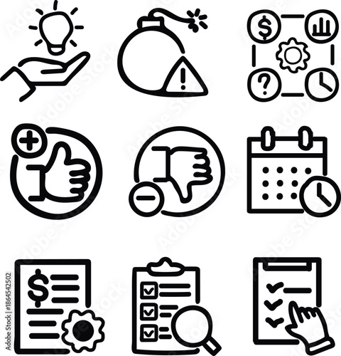 SWOT analysis icon set. Containing strengths, weaknesses, opportunities, threats and more. Editable line icons. Vector illustration.