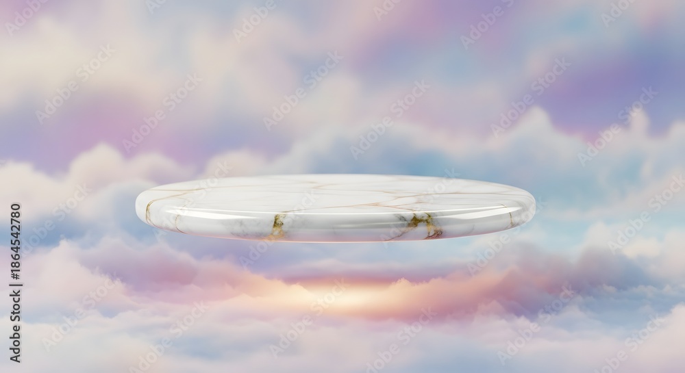 Naklejka premium White marble platform floating above clouds at sunset