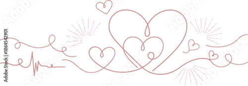 Minimalist continuous line art illustration featuring interwoven hearts and an electrocardiogram waveform symbolizing profound affection and cardiovascular health awareness