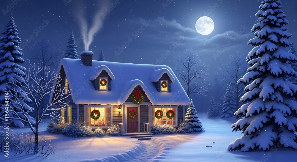 Fototapeta premium Cozy christmas cottage under snowy night sky with full moon