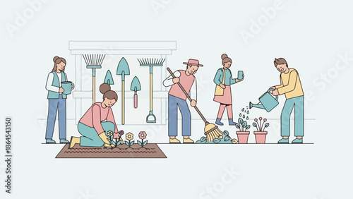 A diverse group of people engaged in gardening activities, tending to plants, and maintaining a garden space.