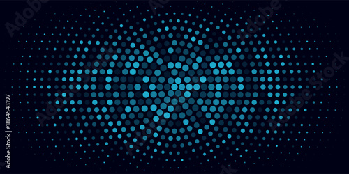 Abstract blue halftone background with a dynamic dot pattern forming a glowing wave effect on a dark backdrop. The modern and futuristic design creates a sense of depth,