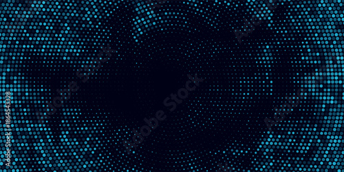 Abstract blue halftone background with a dynamic dot pattern forming a glowing wave effect on a dark backdrop. The modern and futuristic design creates a sense of depth,