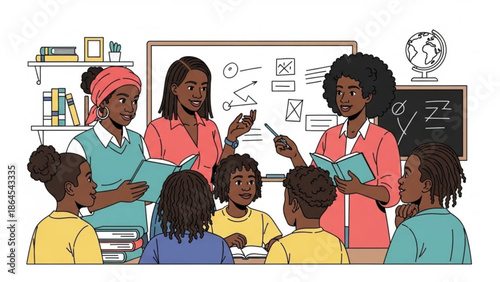 Diverse group of students and teachers in a classroom setting with a whiteboard and blackboard, engaged in learning with books and educational materials
